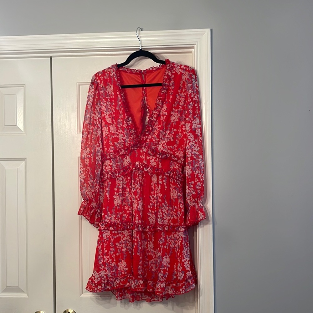 Dokotoo Womens Deep V Neck Ruffle Long Sleeve Floral Print Mini Dress